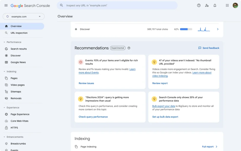 ecommendations in Google Search Console